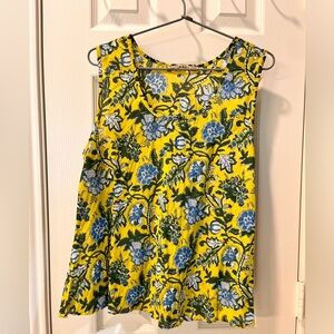 Floral crinkly sleeveless tank; yellow, green & blue